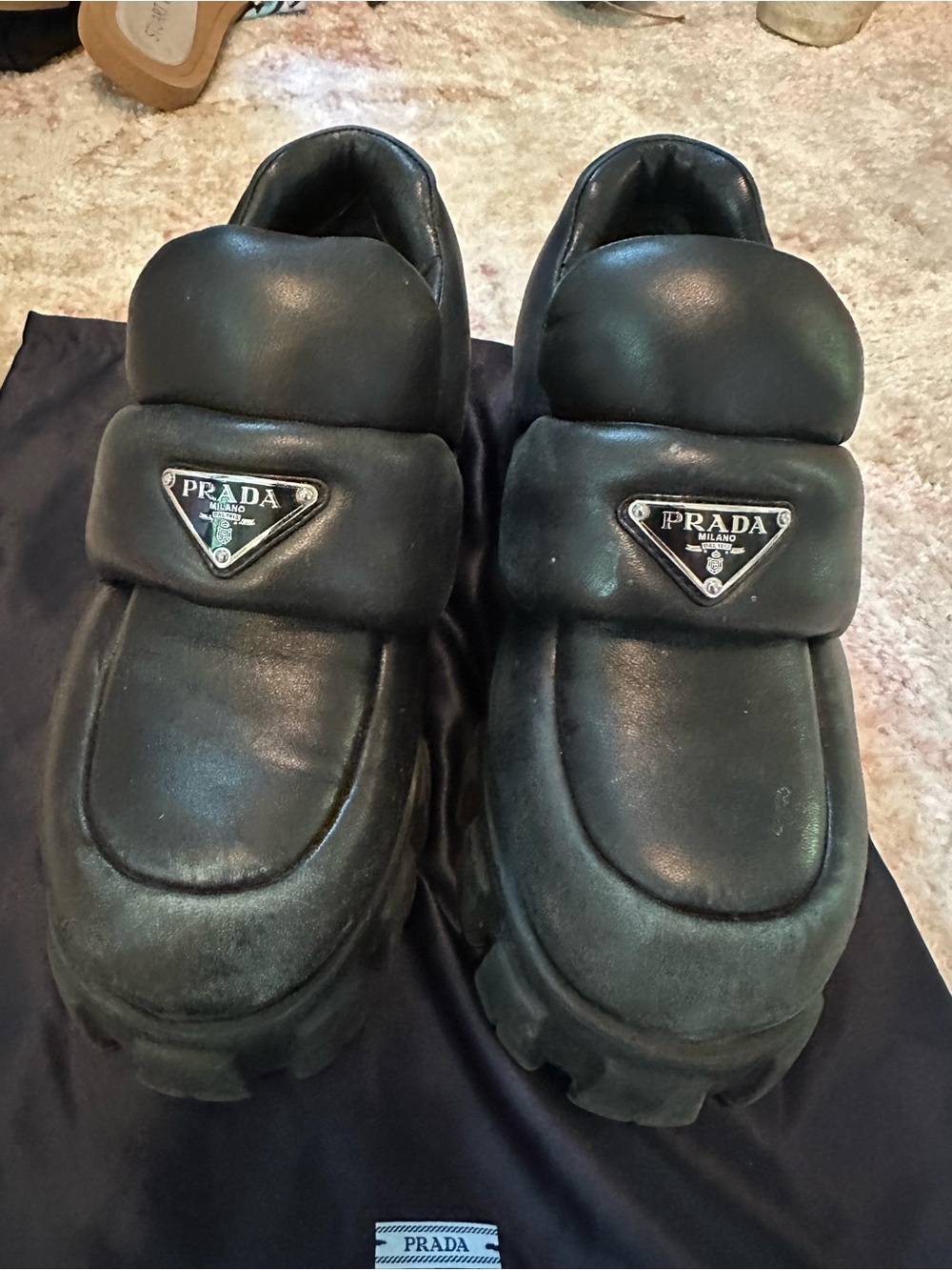 Prada Black Men's Leather Padded Slip-On Loafers with Triangle Logo - Picture 2 of 8